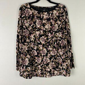 J. Jill Floral Luxe Supima Split Sleeve Tunic Top Womens Medium Black